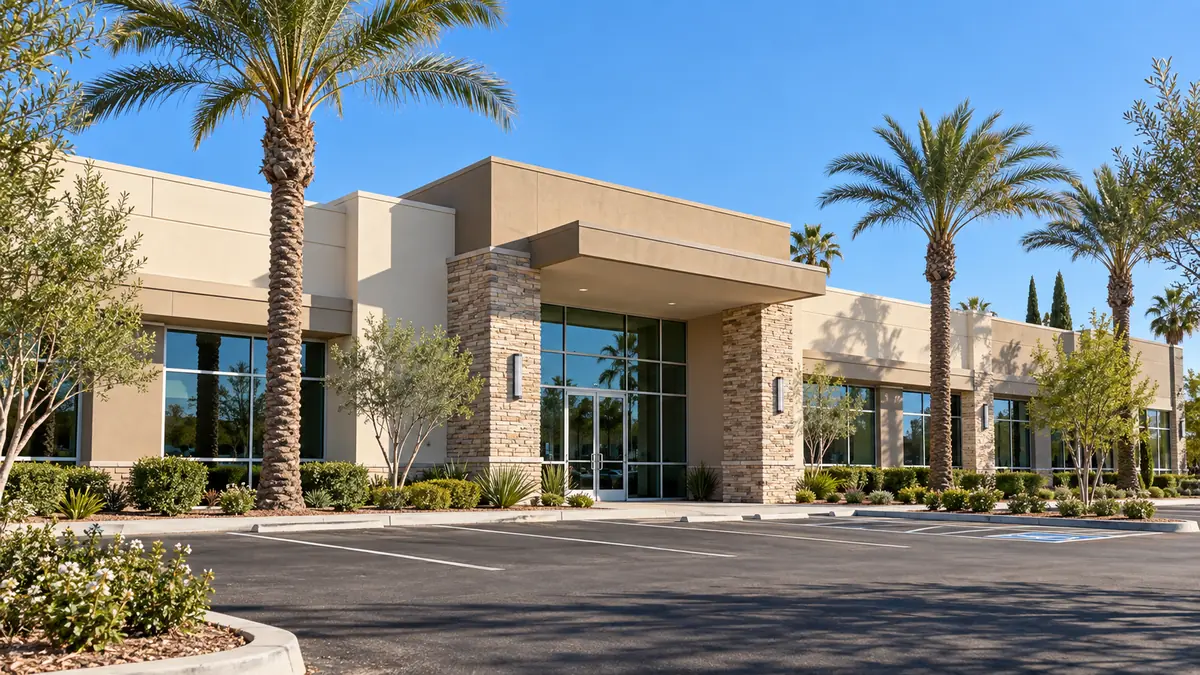 A single-story professional office building with stone columns and glass doors, framed by tall palms under a clear sky.