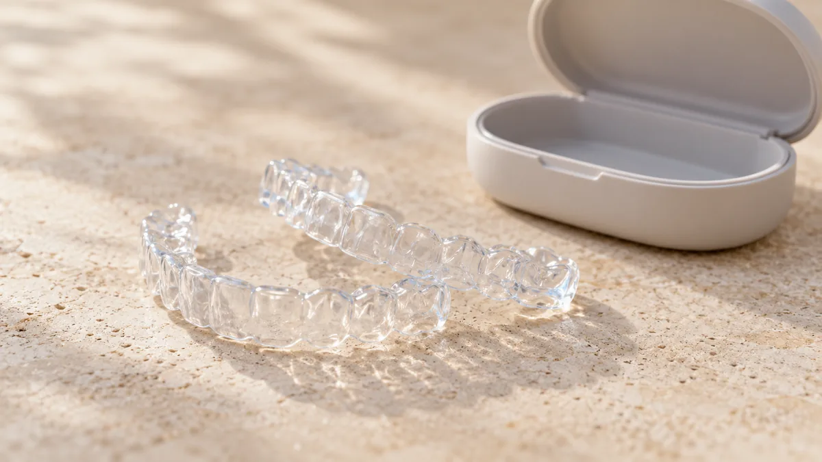 A pair of clear aligner trays resting on warm stone beside their open case.