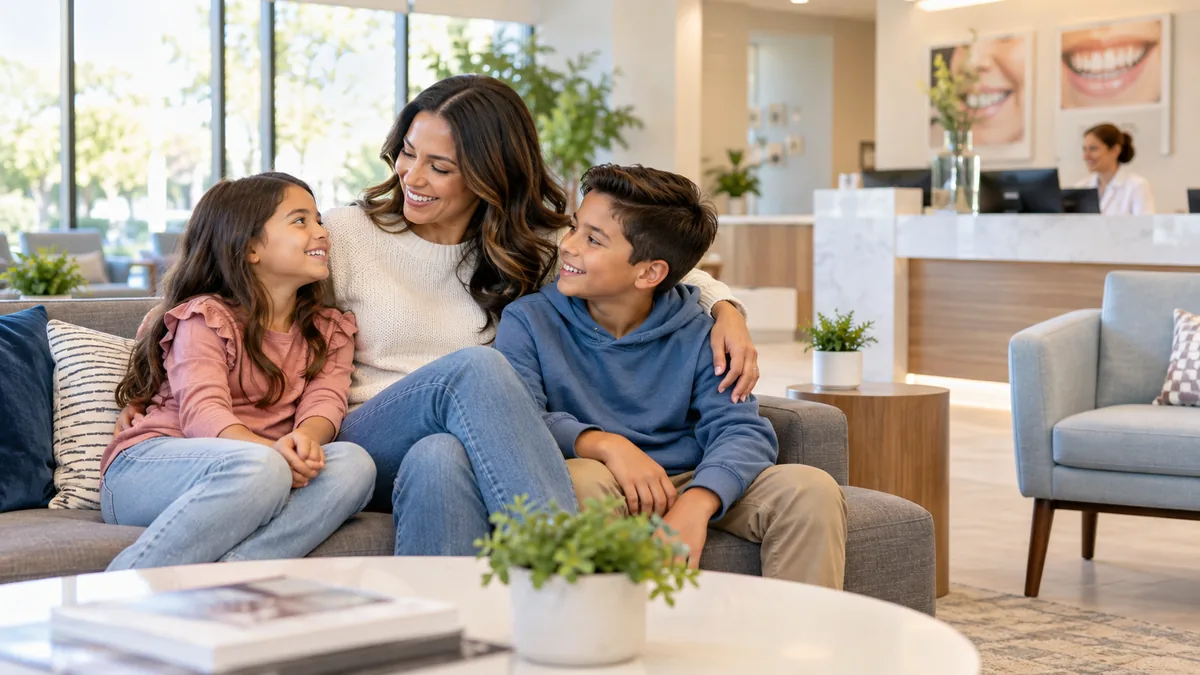 A mother laughing with her daughter and son on a sofa in a sunny orthodontic waiting room.