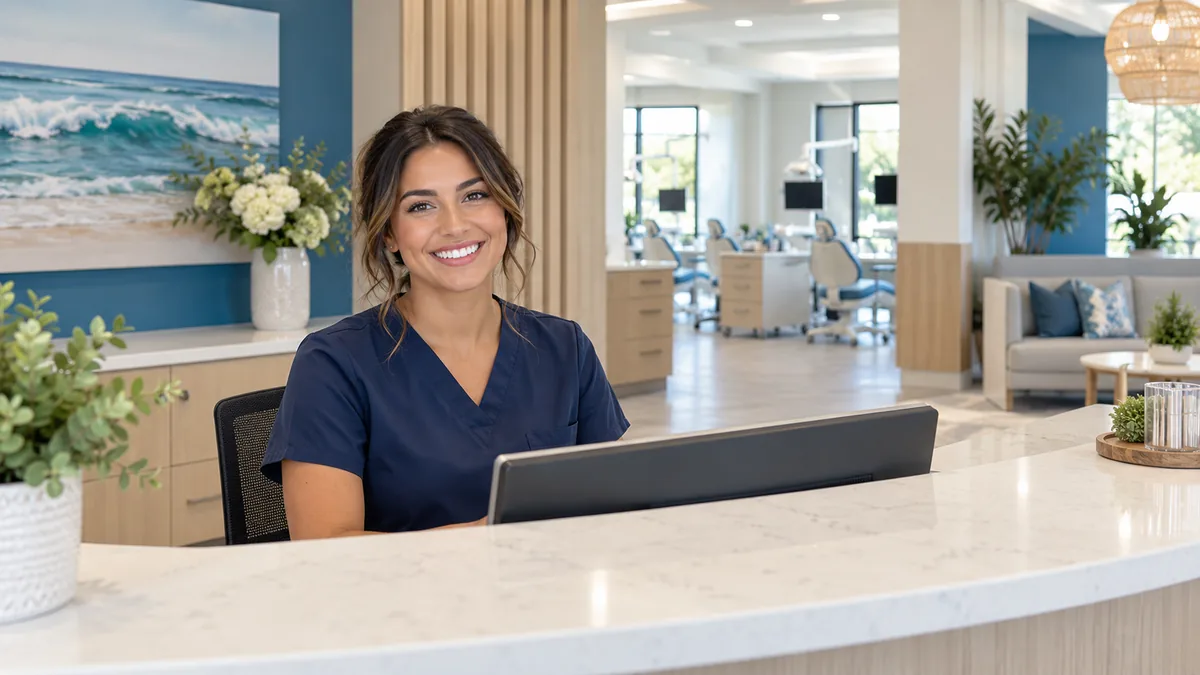 A smiling front-desk team member in navy scrubs at a curved reception counter, the treatment area behind her.