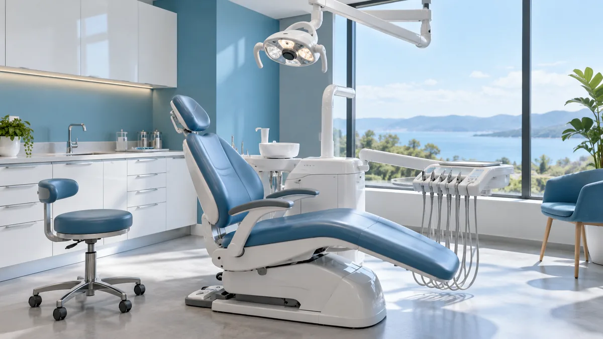 An empty blue treatment chair in a bright, tidy operatory with tall windows.